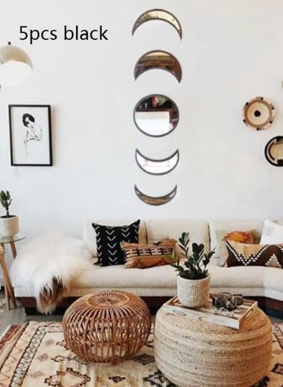 Moon Phase Wall Mirror Set | Black or Beige Wood