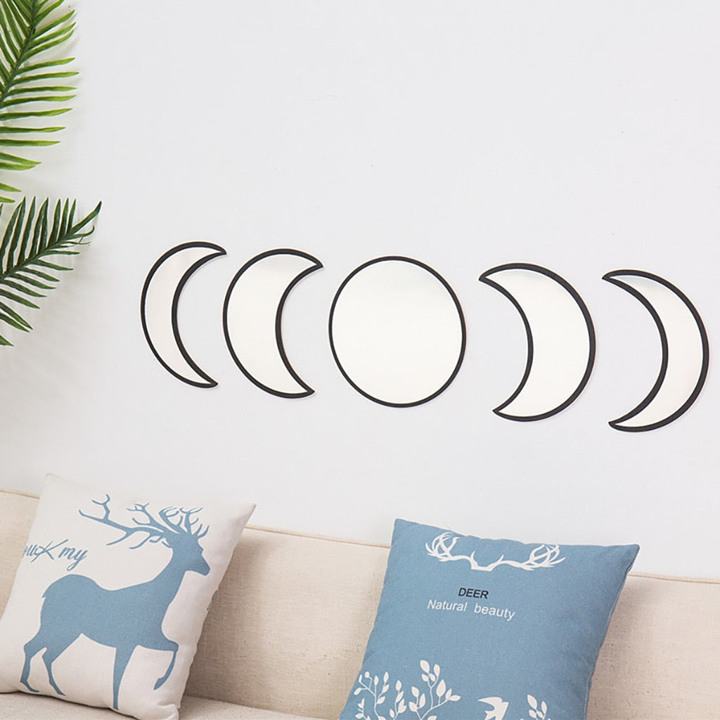 Moon Phase Wall Mirror Set | Black or Beige Wood