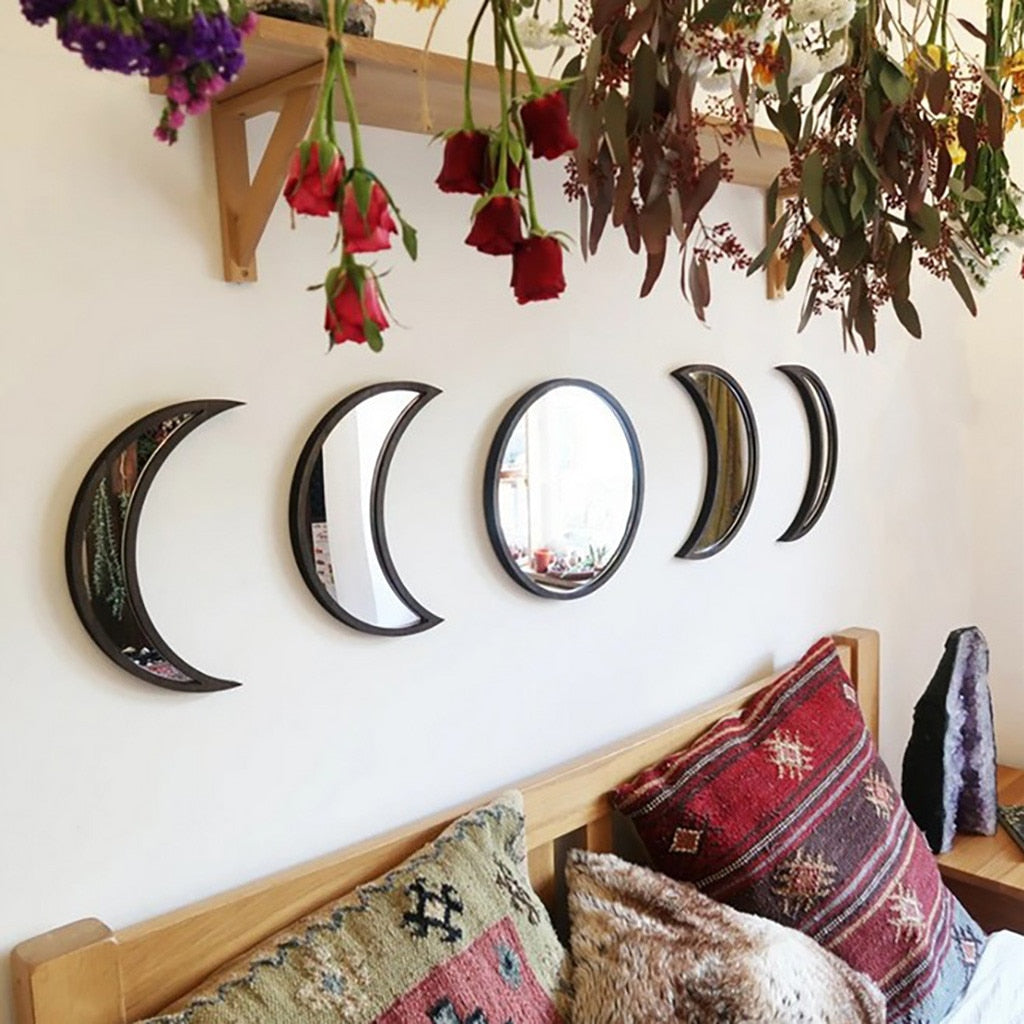 Moon Phase Wall Mirror Set | Black or Beige Wood