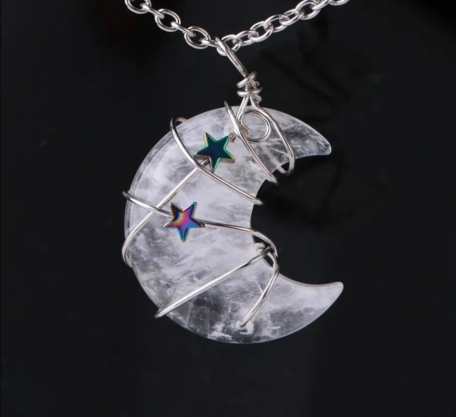 Crystal Crescent Moon and Star Silver Necklace