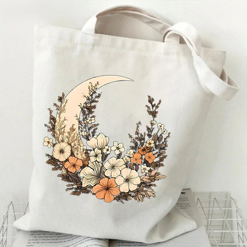 Witchy Floral & Moon Canvas Tote Bags