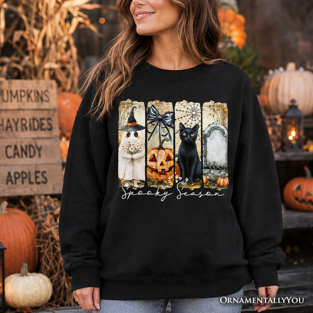 Fall Spooky Season Brushstroke Sweatshirt, Coquette Vintage Ghost, Cat and Pumpkin Sweater