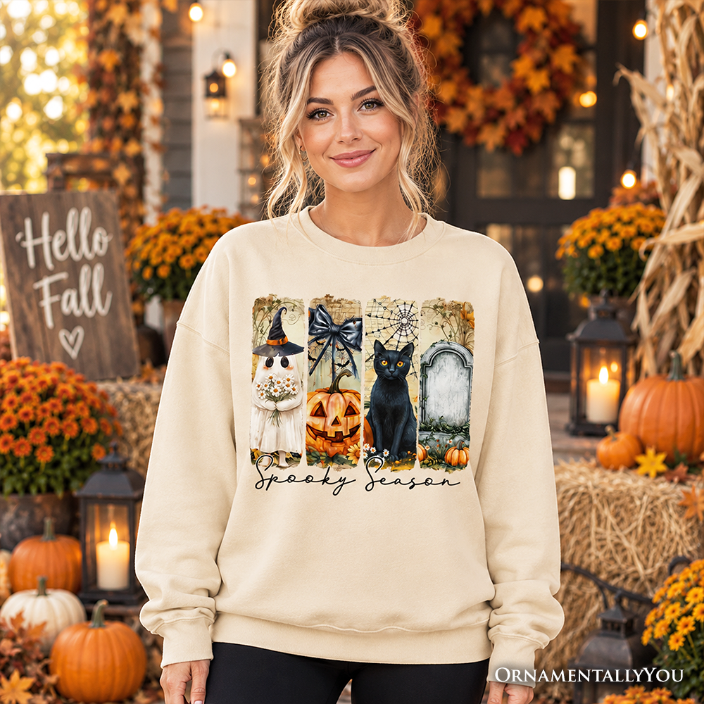 Fall Spooky Season Brushstroke Sweatshirt, Coquette Vintage Ghost, Cat and Pumpkin Sweater