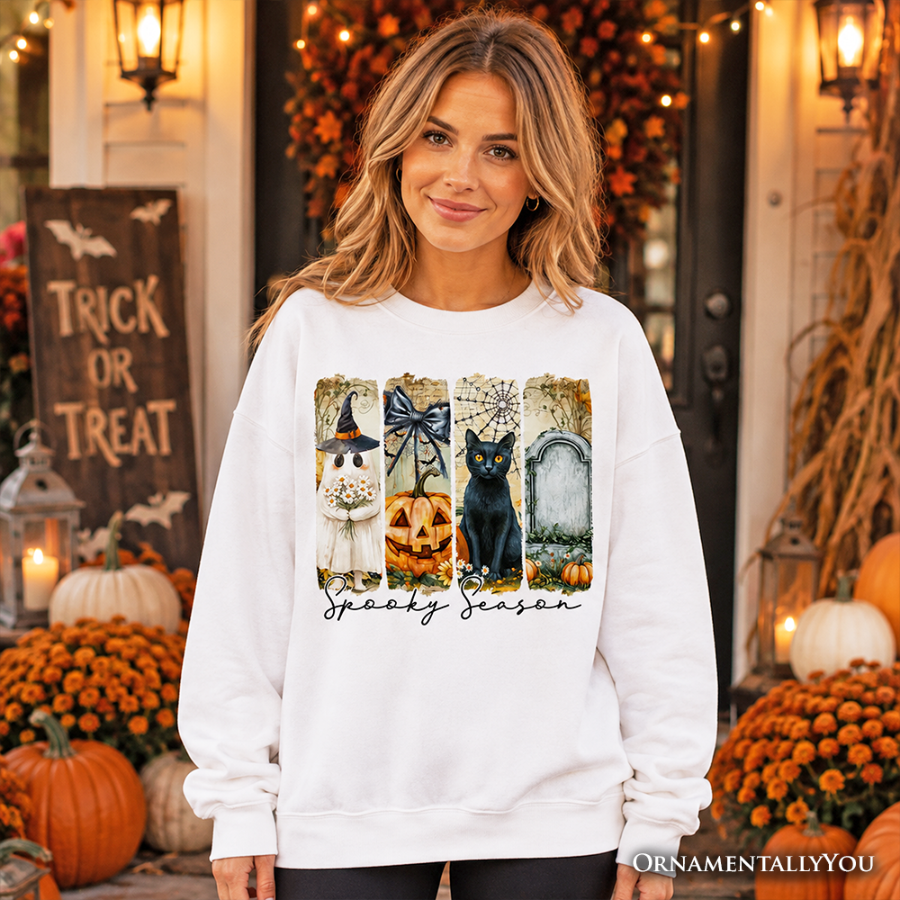 Fall Spooky Season Brushstroke Sweatshirt, Coquette Vintage Ghost, Cat and Pumpkin Sweater