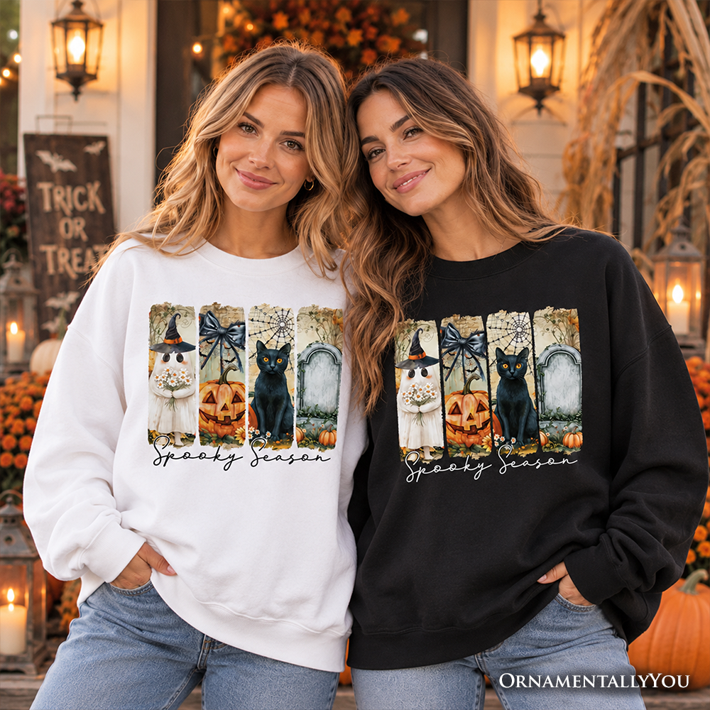 Fall Spooky Season Brushstroke Sweatshirt, Coquette Vintage Ghost, Cat and Pumpkin Sweater