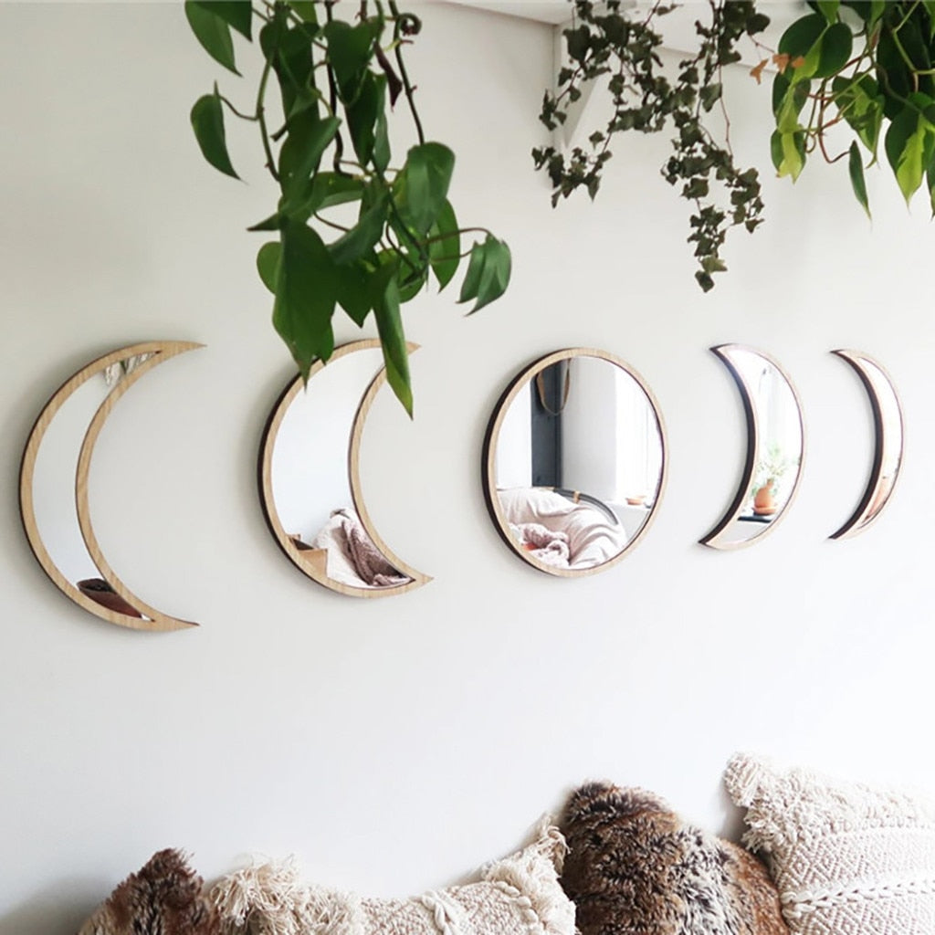 Moon Phase Wall Mirror Set | Black or Beige Wood
