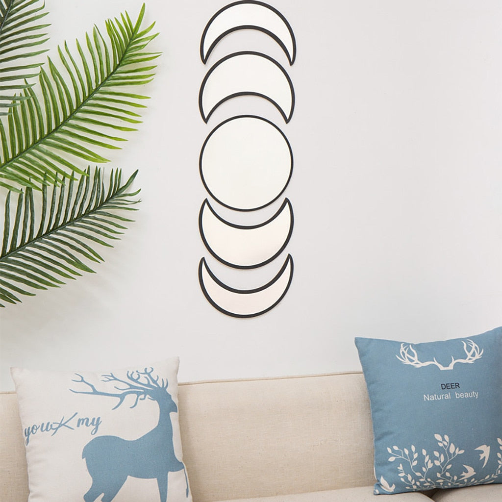 Moon Phase Wall Mirror Set | Black or Beige Wood