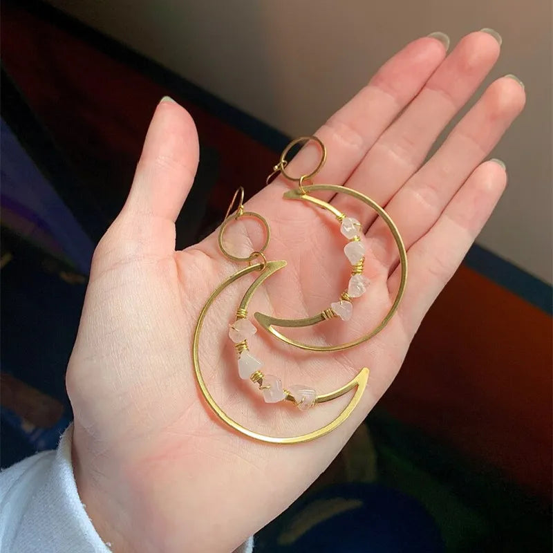 Crescent Moon Crystal Gold Earrings