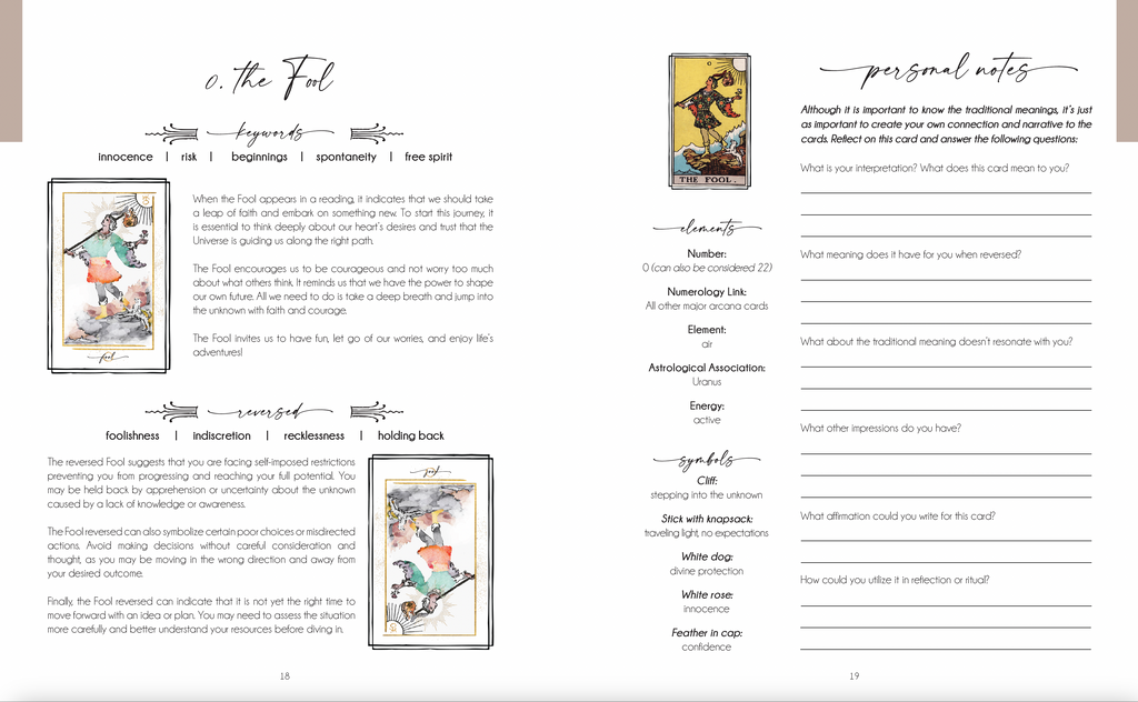 Decoding the Cards tarot workbook by Writual Press, open to a card exercise page (image 7)