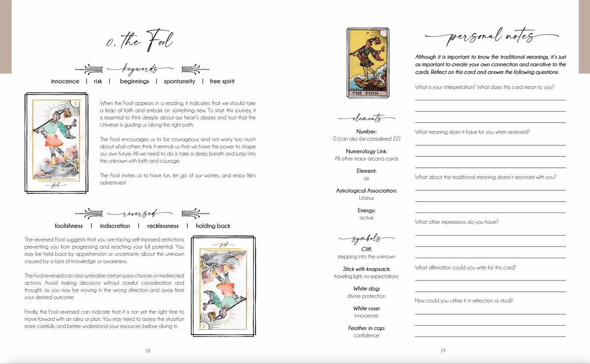 Decoding the Cards tarot workbook by Writual Press, open to a card exercise page (image 7)