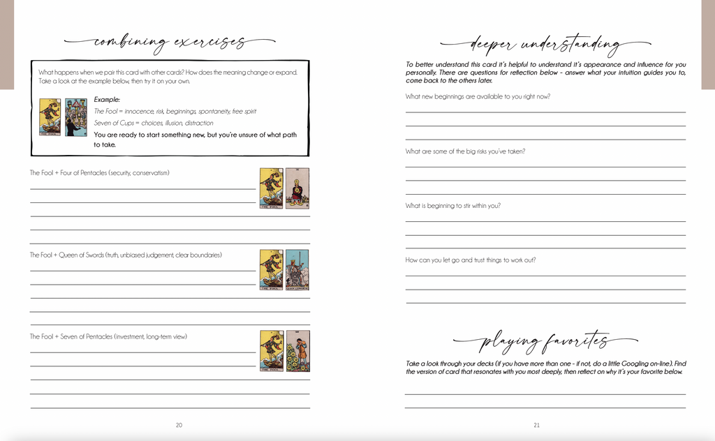 Decoding the Cards tarot workbook by Writual Press, open to a card exercise page (image 6)