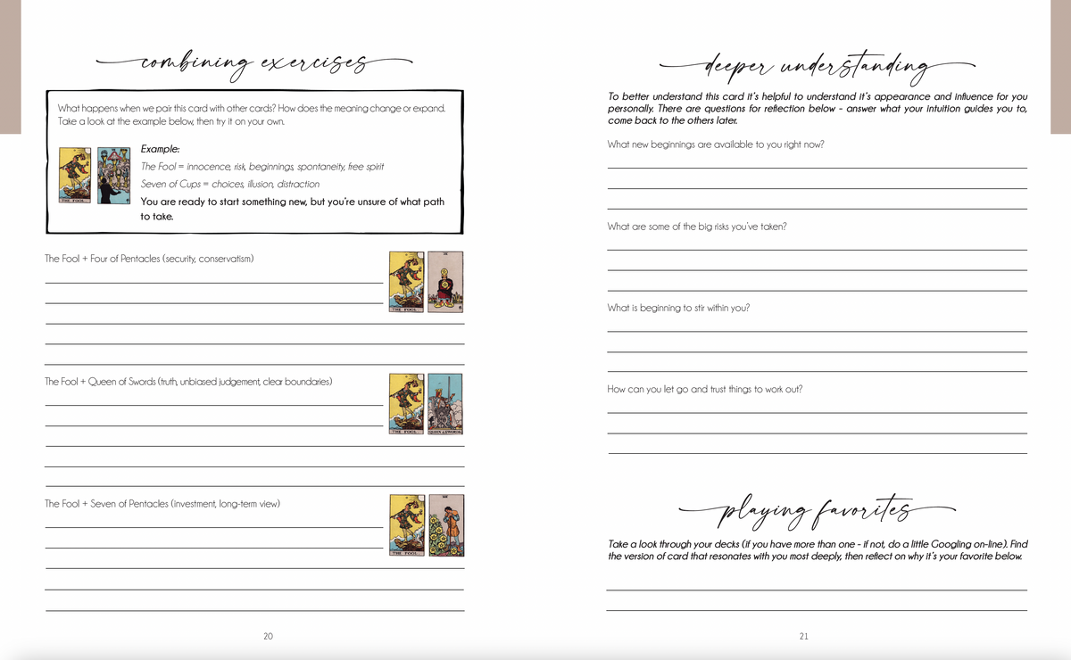 Decoding the Cards tarot workbook by Writual Press, open to a card exercise page (image 6)