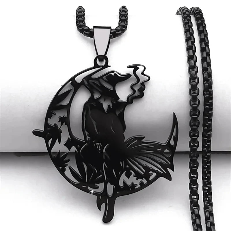 Smoking Witch Broom Moon Necklace