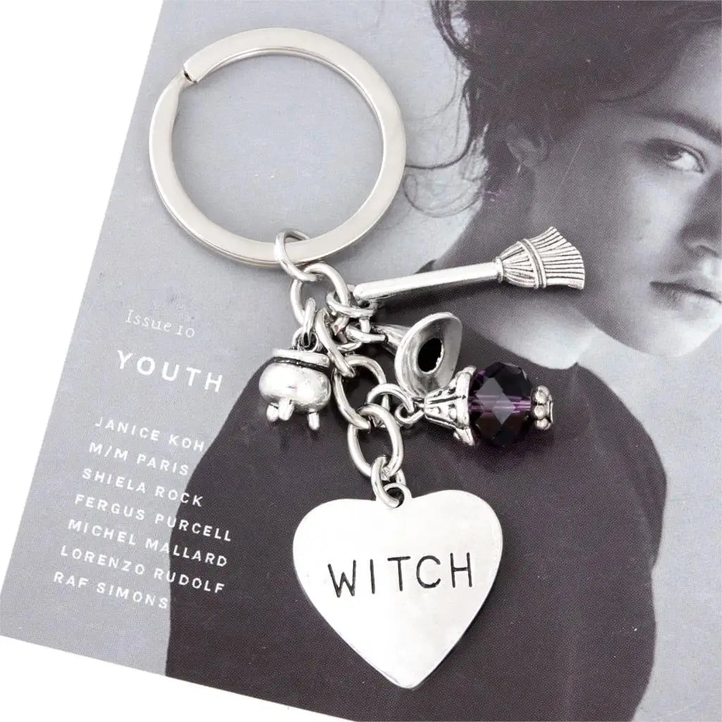 Witch Heart Charm Keychain | Silver-Tone Metal