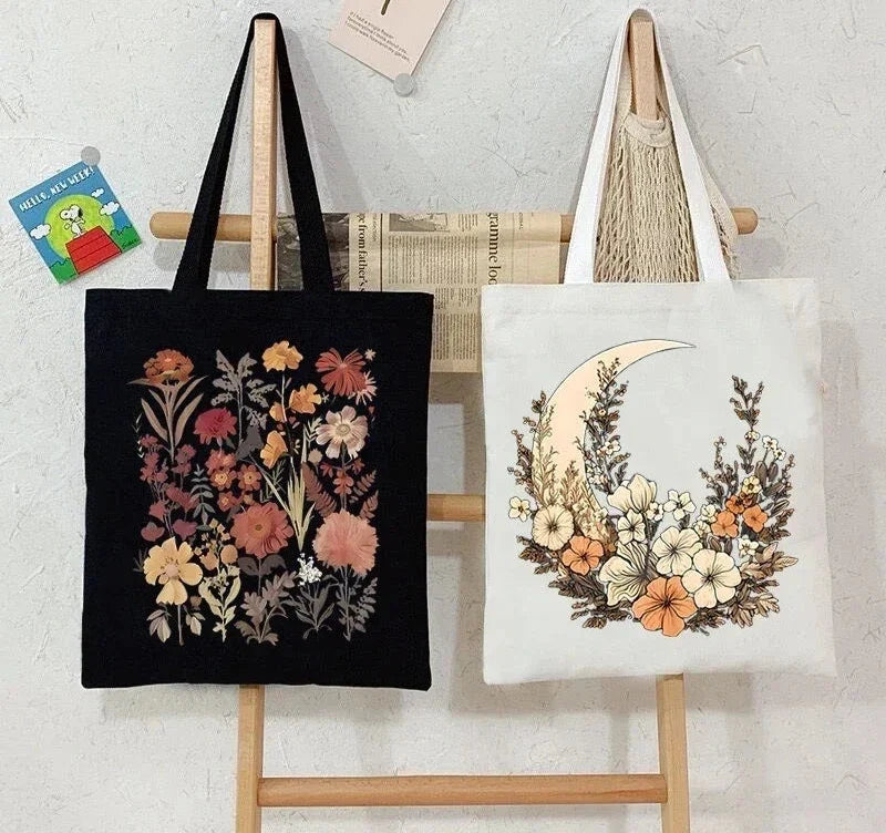 Witchy Floral & Moon Canvas Tote Bags
