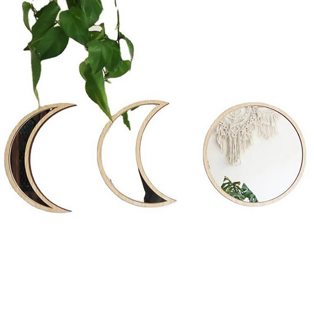 Moon Phase Wall Mirror Set | Black or Beige Wood