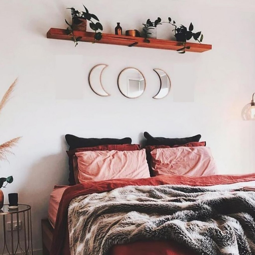Moon Phase Wall Mirror Set | Black or Beige Wood