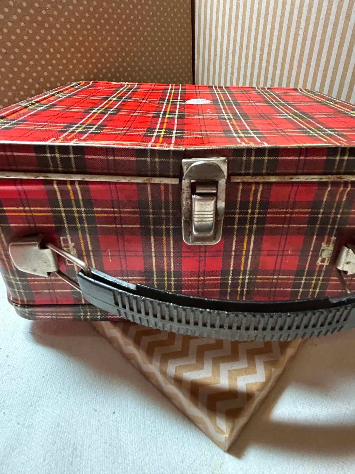 Vintage Aladdin Red Plaid Metal Lunchbox Thermos Safety First School