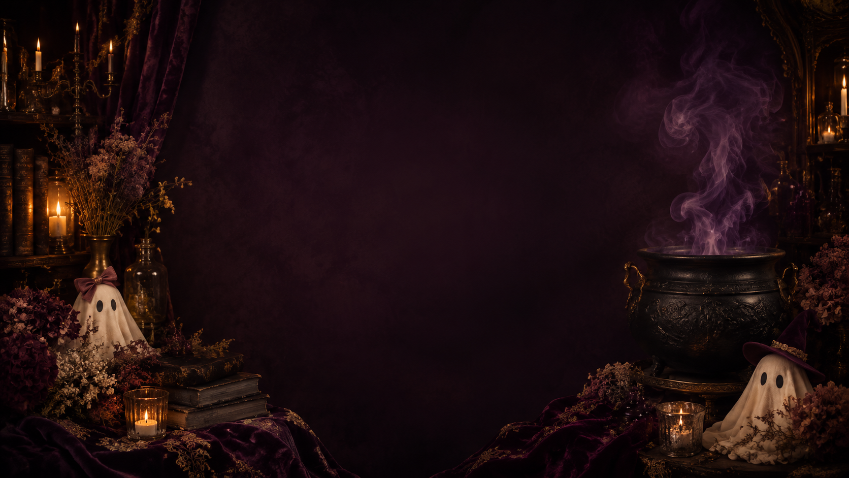 Candlelit plum Victorian library with a cauldron and two friendly ghost familiars