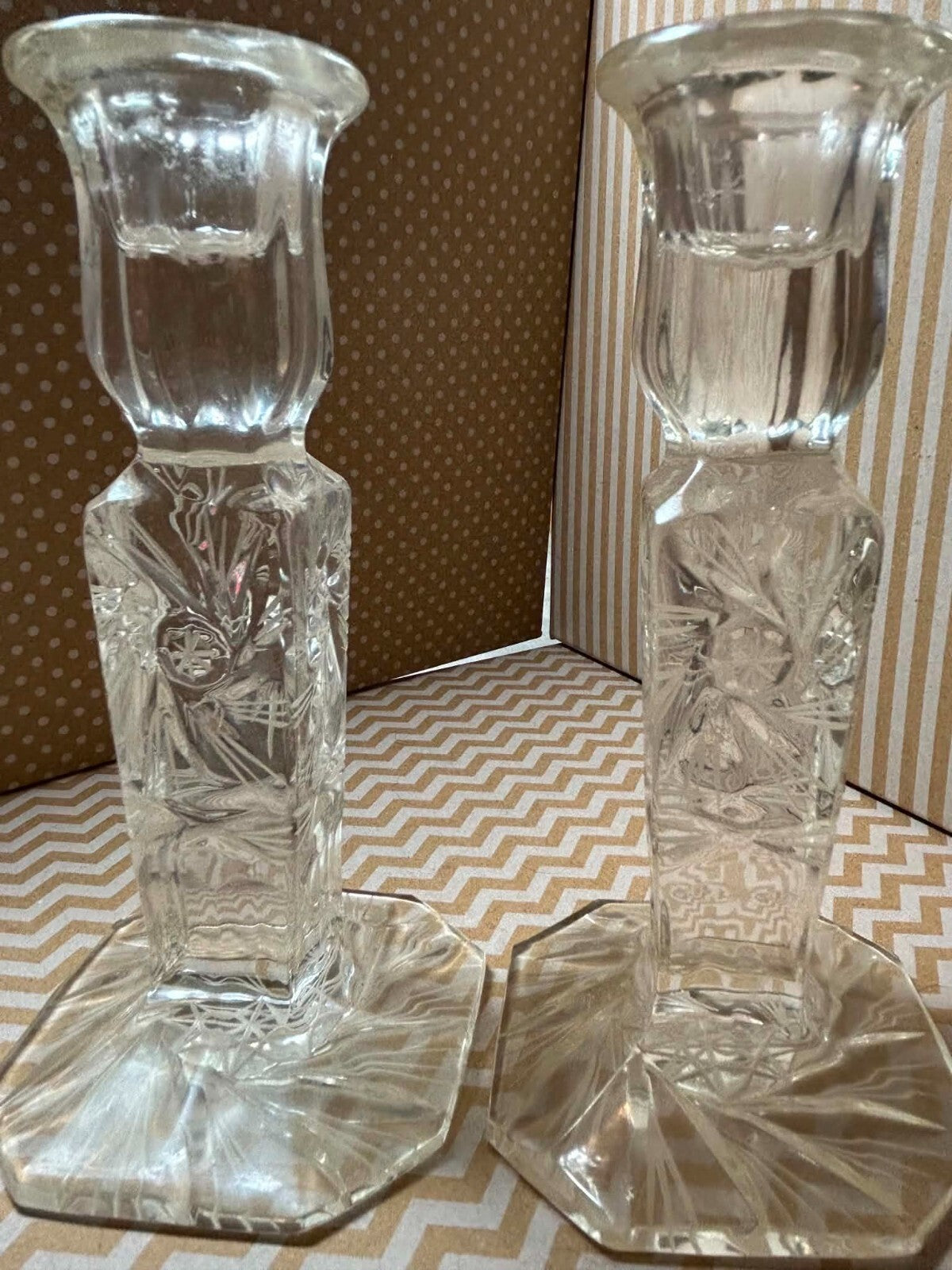 Vintage Pair Hand Cut Glass Candlesticks Floral Octagonal Base 10in