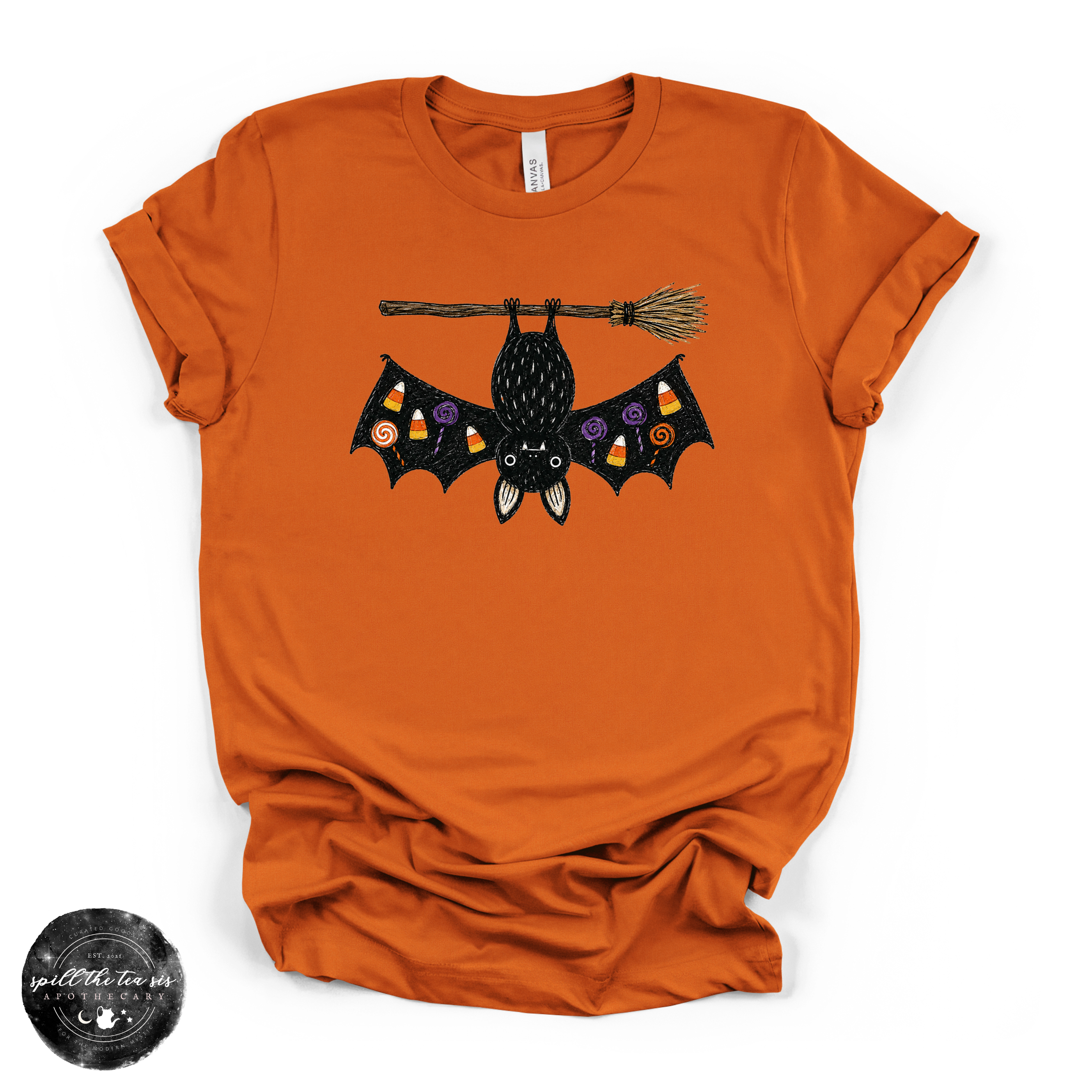 Bat on a Broom Tee | Cute Witchy Halloween Bat Graphic T-Shirt