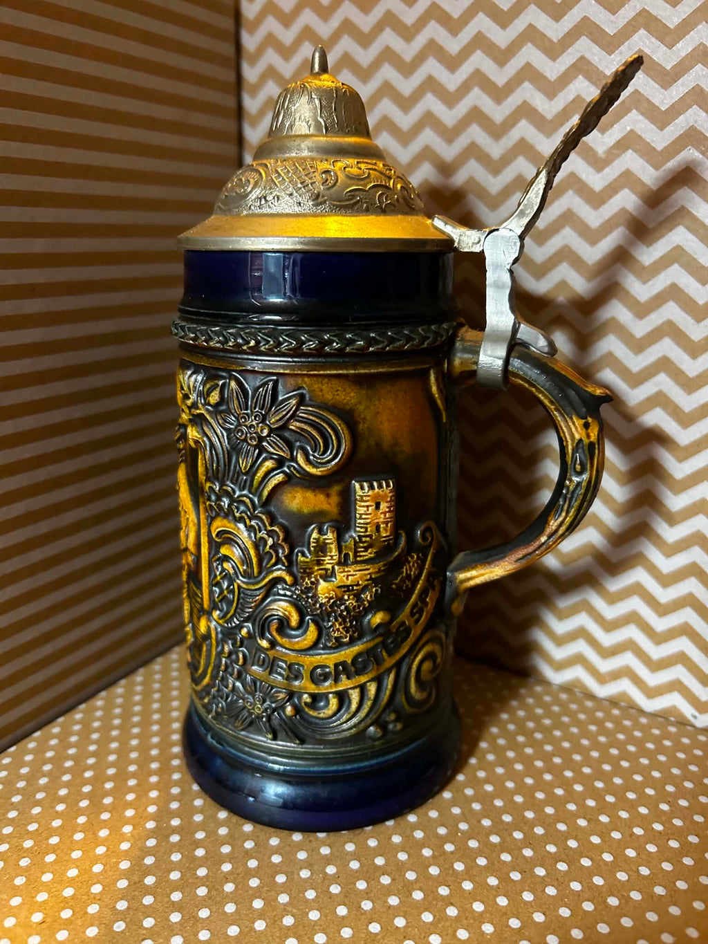 Vintage German DBGM 66 Beer Stein with Pewter Lid and Tavern Scenes