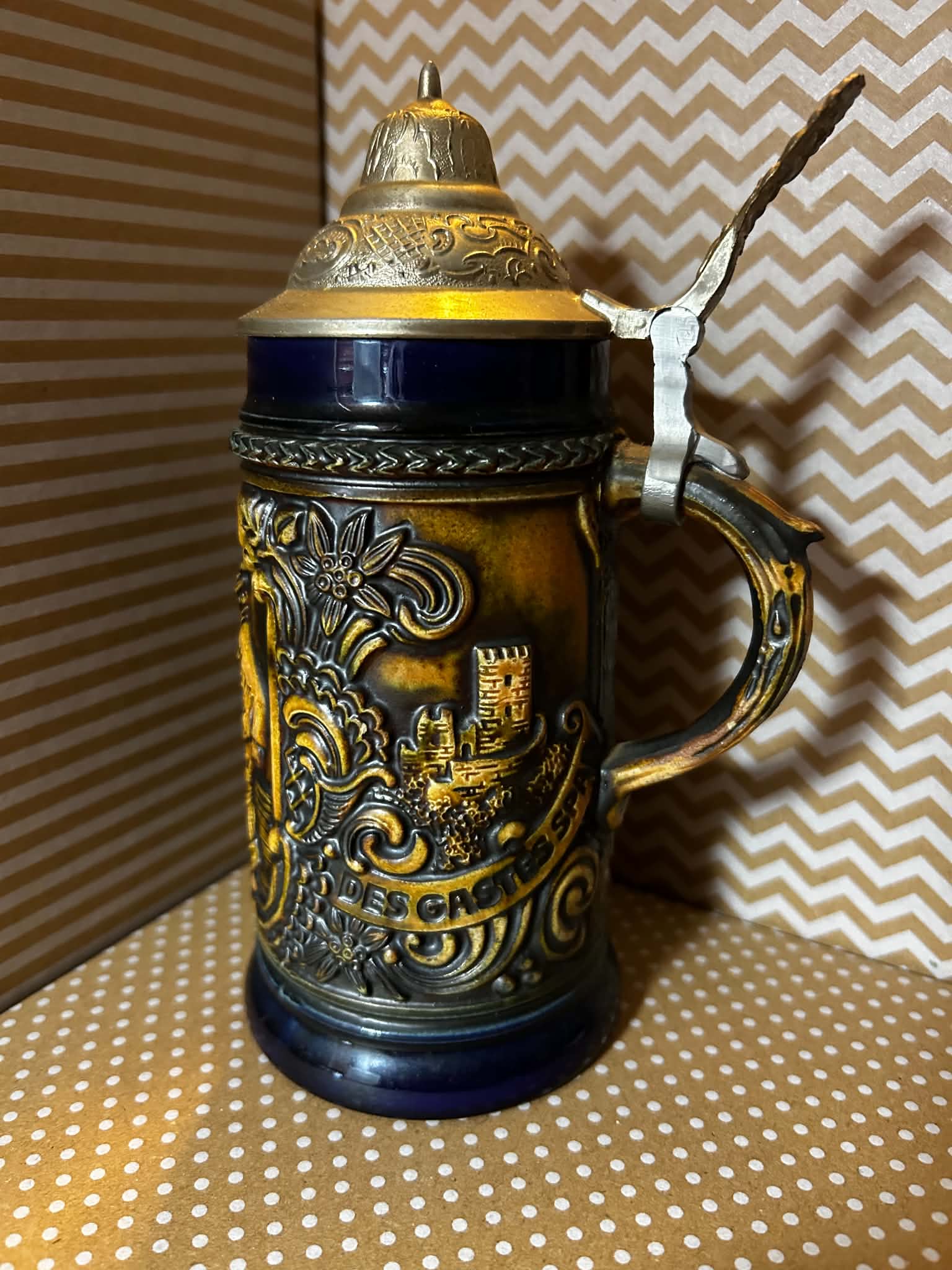 Vintage German DBGM 66 Beer Stein with Pewter Lid and Tavern Scenes