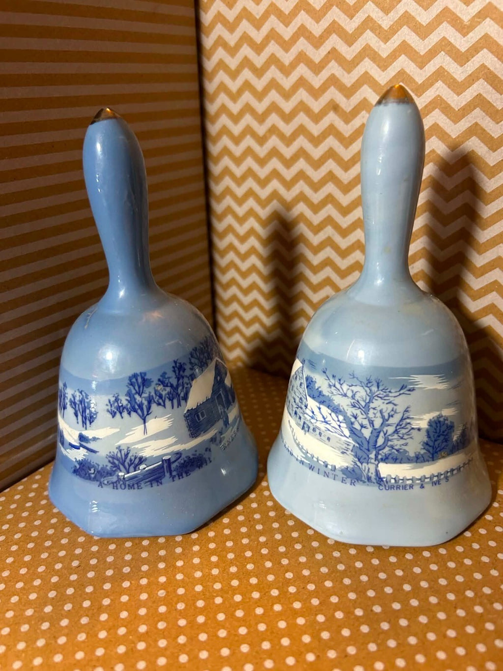 Vintage Currier & Ives Blue Ceramic Bells Price Products Taiwan Pair