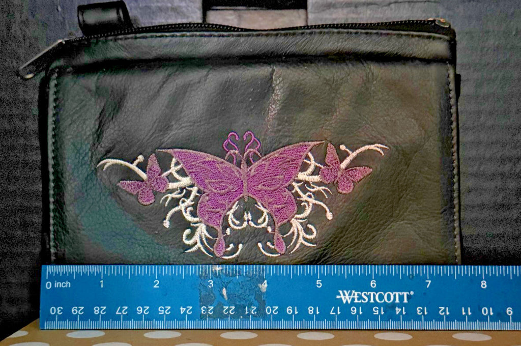 Black Leather Butterfly Embroidered Wristlet Clutch Purse No Strap