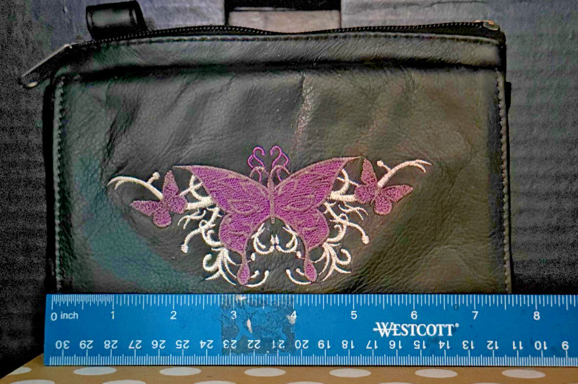 Black Leather Butterfly Embroidered Wristlet Clutch Purse No Strap