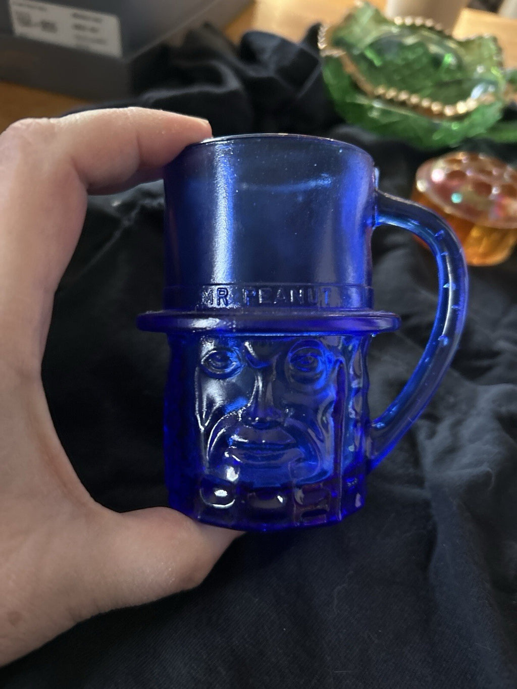 Vintage Mr Peanut Cobalt Blue Glass Mug Planters Peanut Character Cup