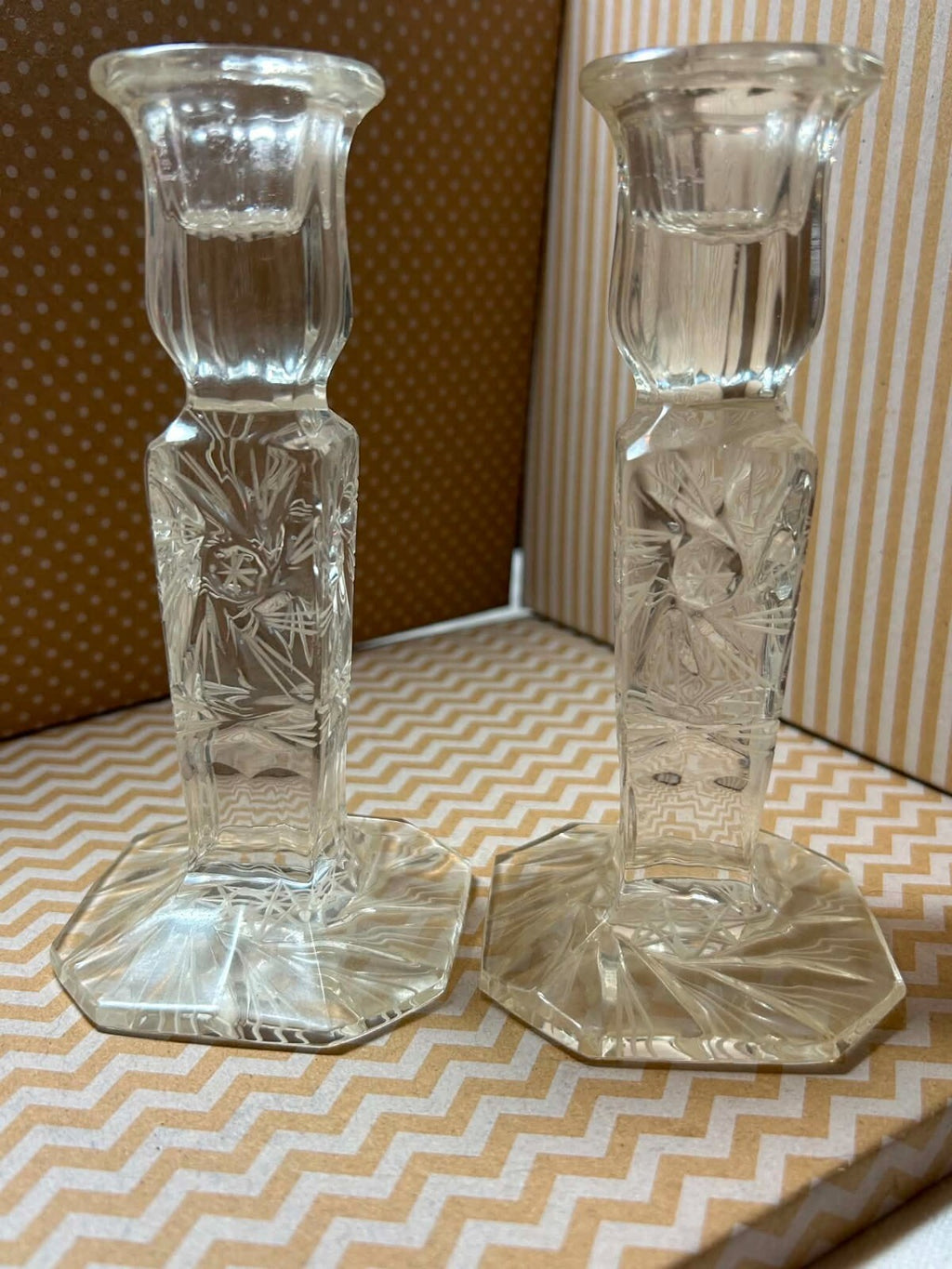 Vintage Pair Hand Cut Glass Candlesticks Floral Octagonal Base 10in