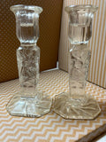 Vintage Pair Hand Cut Glass Candlesticks Floral Octagonal Base 10in