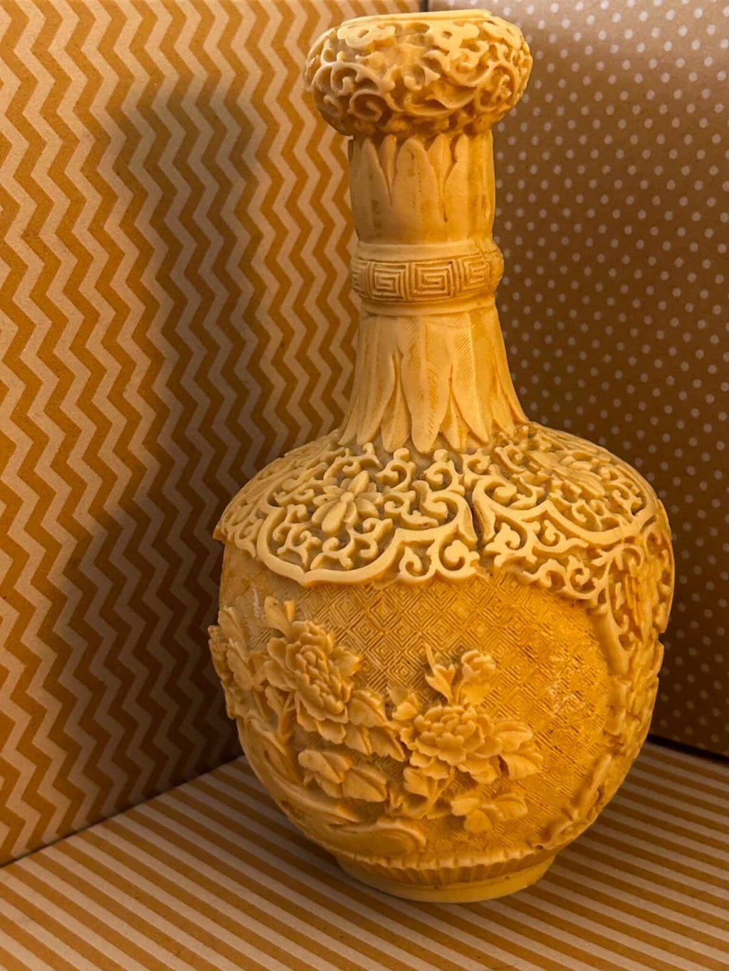 Vintage Italian Faux Ivory Resin Vase Carved Floral Asian Style Heavy 8 Inch