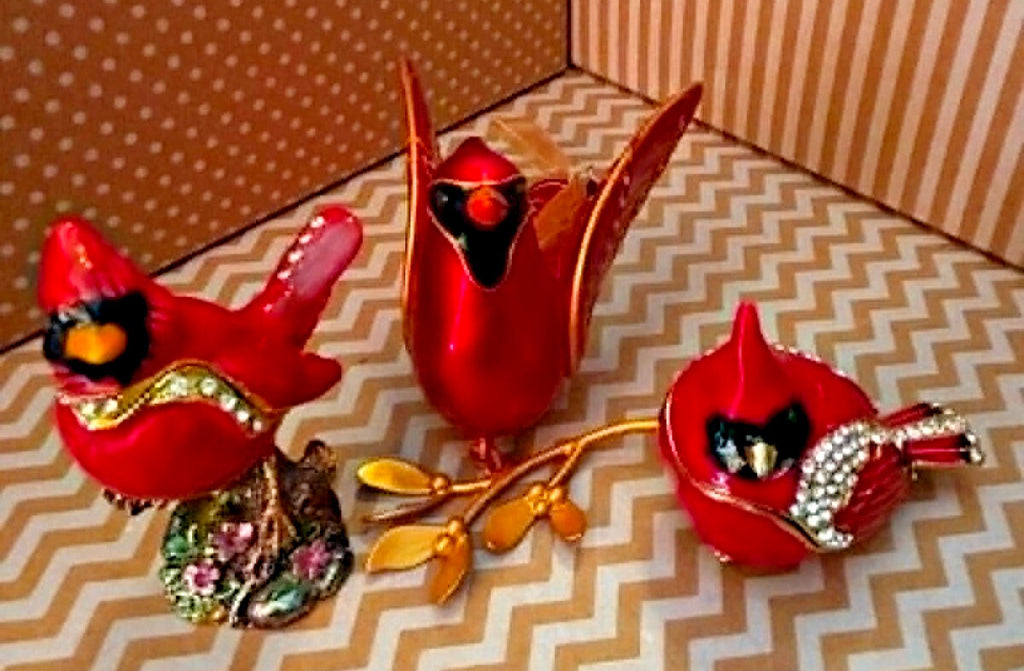Cardinal Bird Decor Lot 2 Jeweled Trinket Boxes & Hallmark Hanging Cardinal