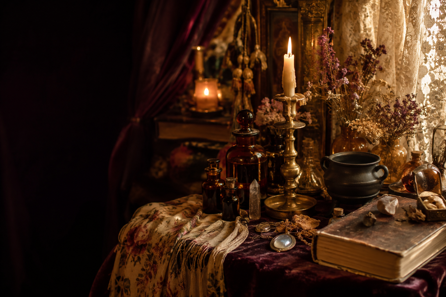 Romantic bohemian witchy table with velvet, antique brass, amber bottles, lace and candles