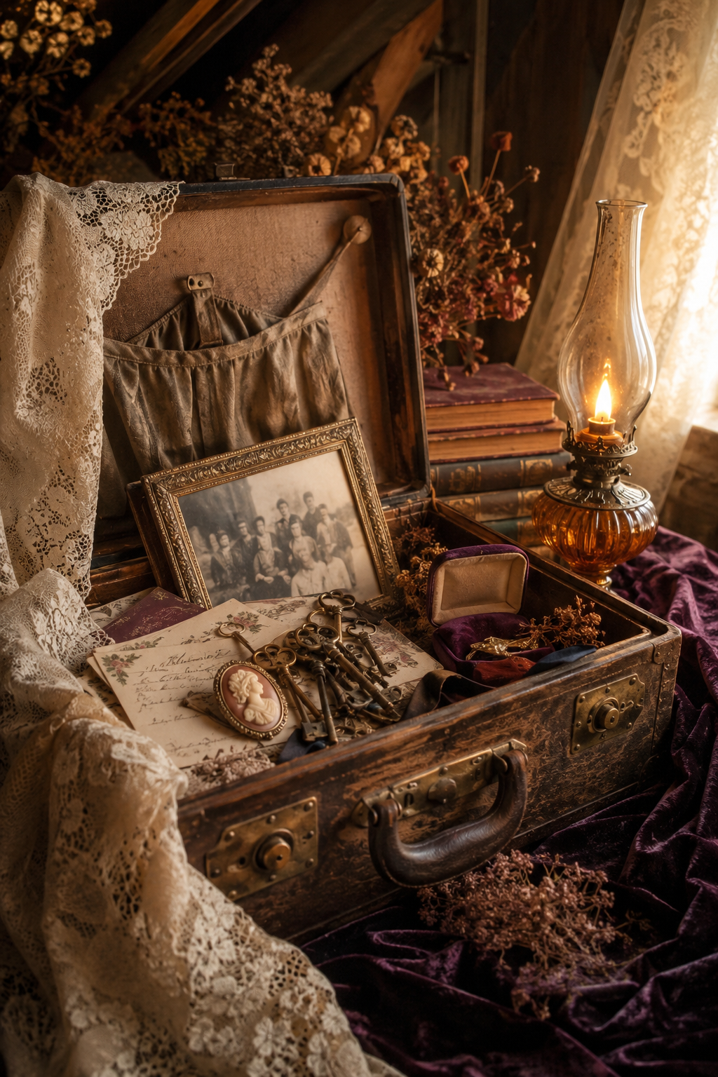 Vintage suitcase filled with estate treasures, brass keys, books and jewelry in warm lamplight