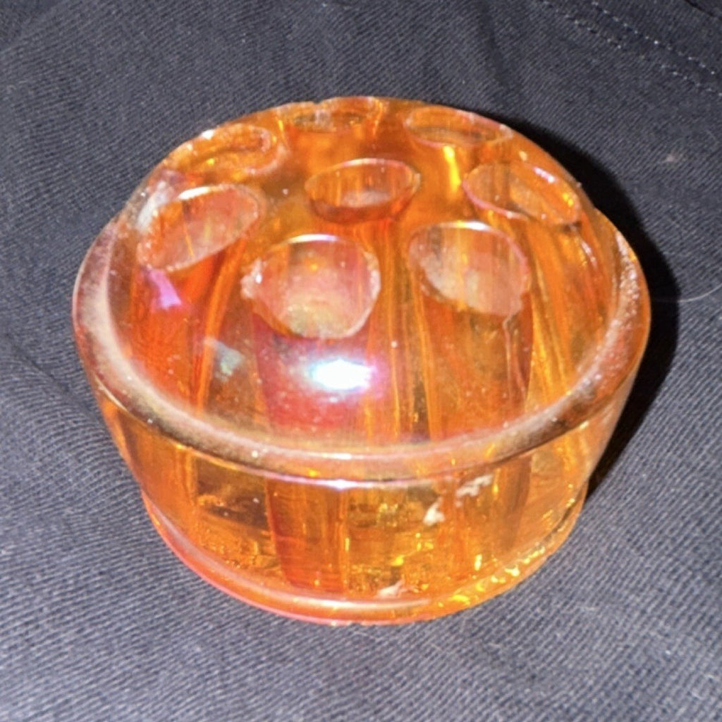 Vintage Amber Iridescent Glass Flower Frog 7 Hole Floral Arranger