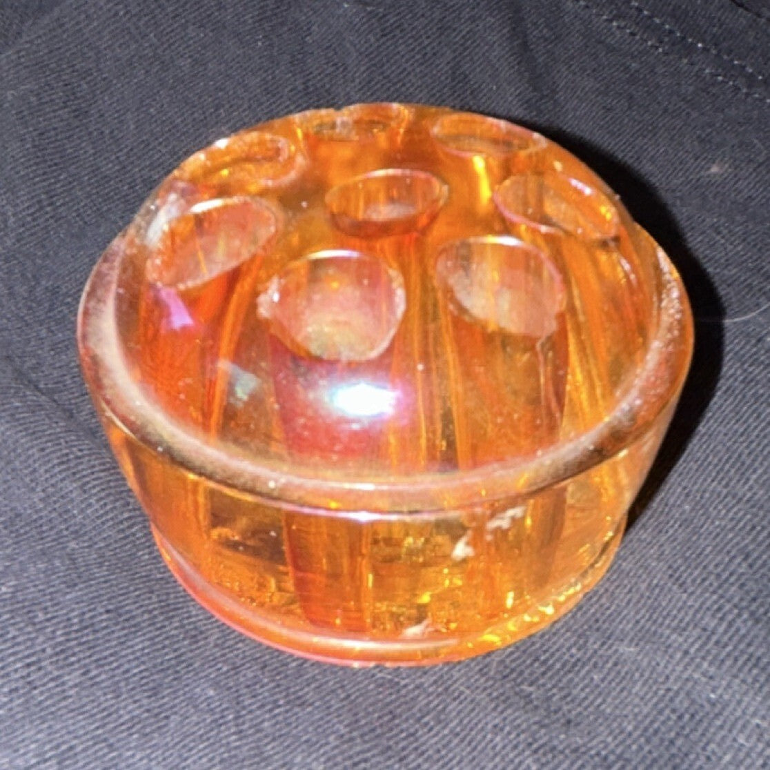 Vintage Amber Iridescent Glass Flower Frog 7 Hole Floral Arranger