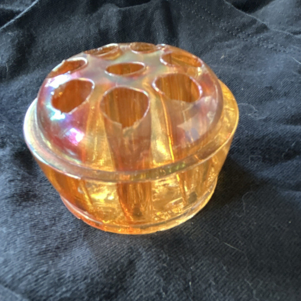 Vintage Amber Iridescent Glass Flower Frog 7 Hole Floral Arranger