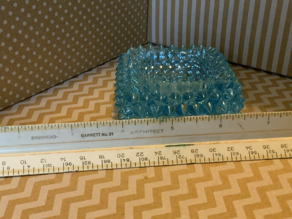 Vintage Aqua Blue Hobnail Glass Square Ashtray Trinket Dish