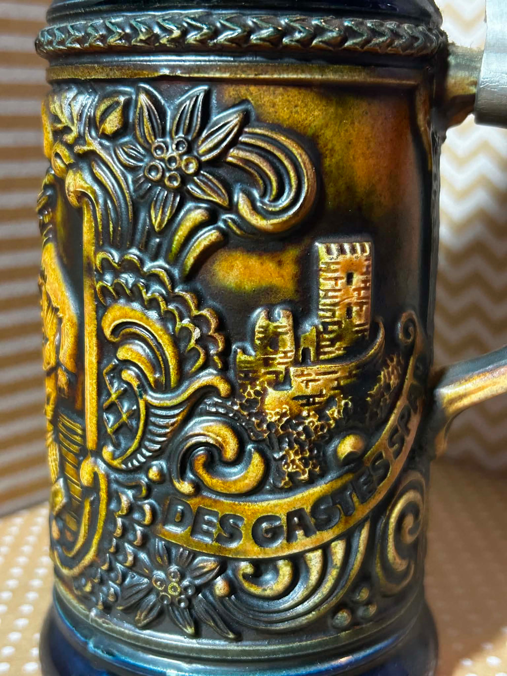 Vintage German DBGM 66 Beer Stein with Pewter Lid and Tavern Scenes