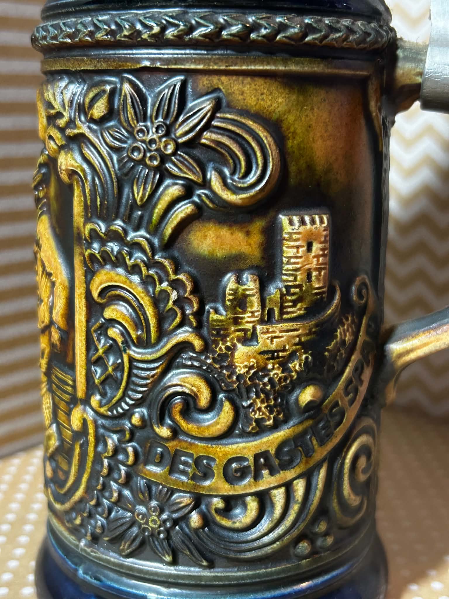 Vintage German DBGM 66 Beer Stein with Pewter Lid and Tavern Scenes