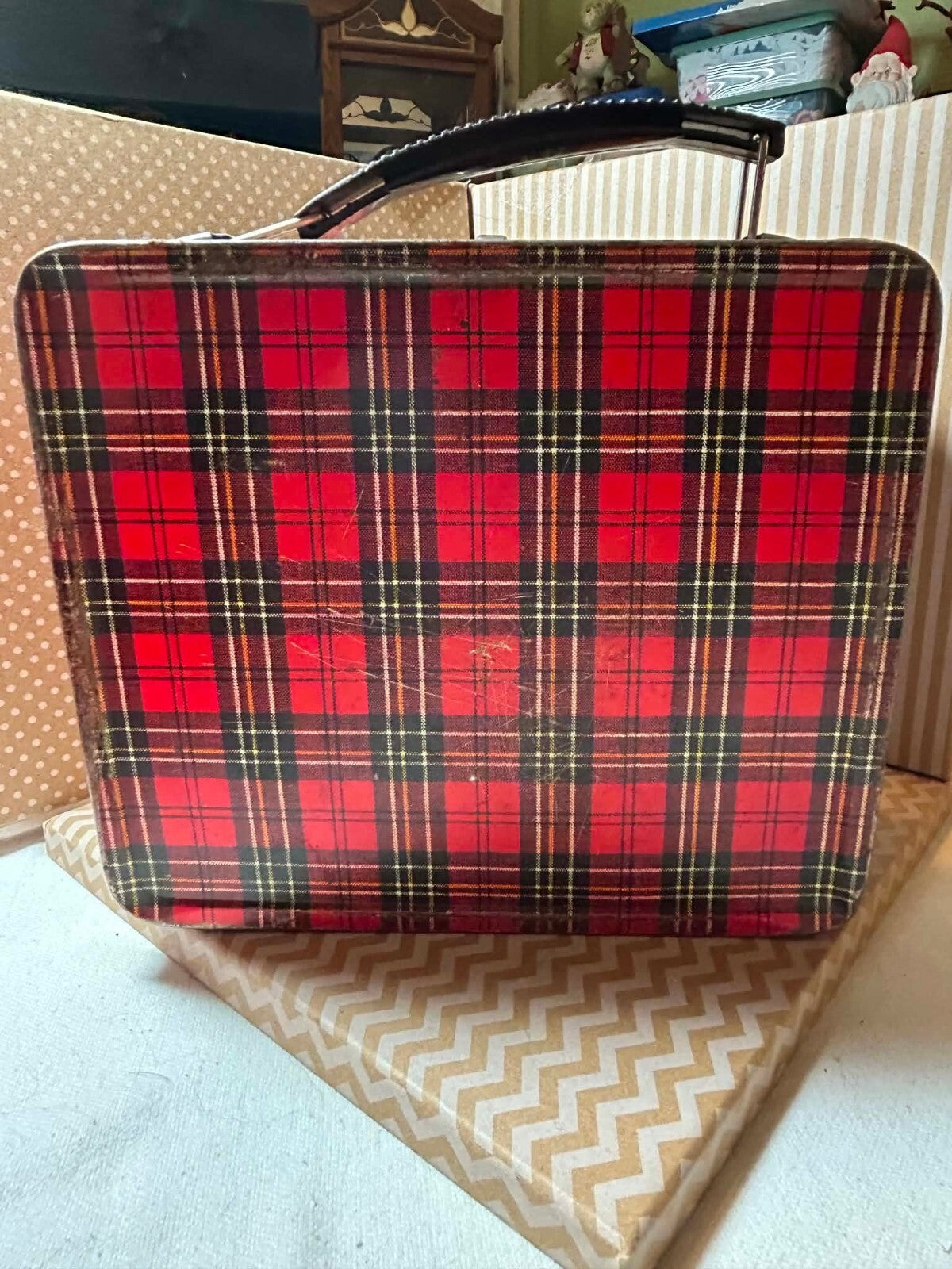 Vintage Aladdin Red Plaid Metal Lunchbox Thermos Safety First School
