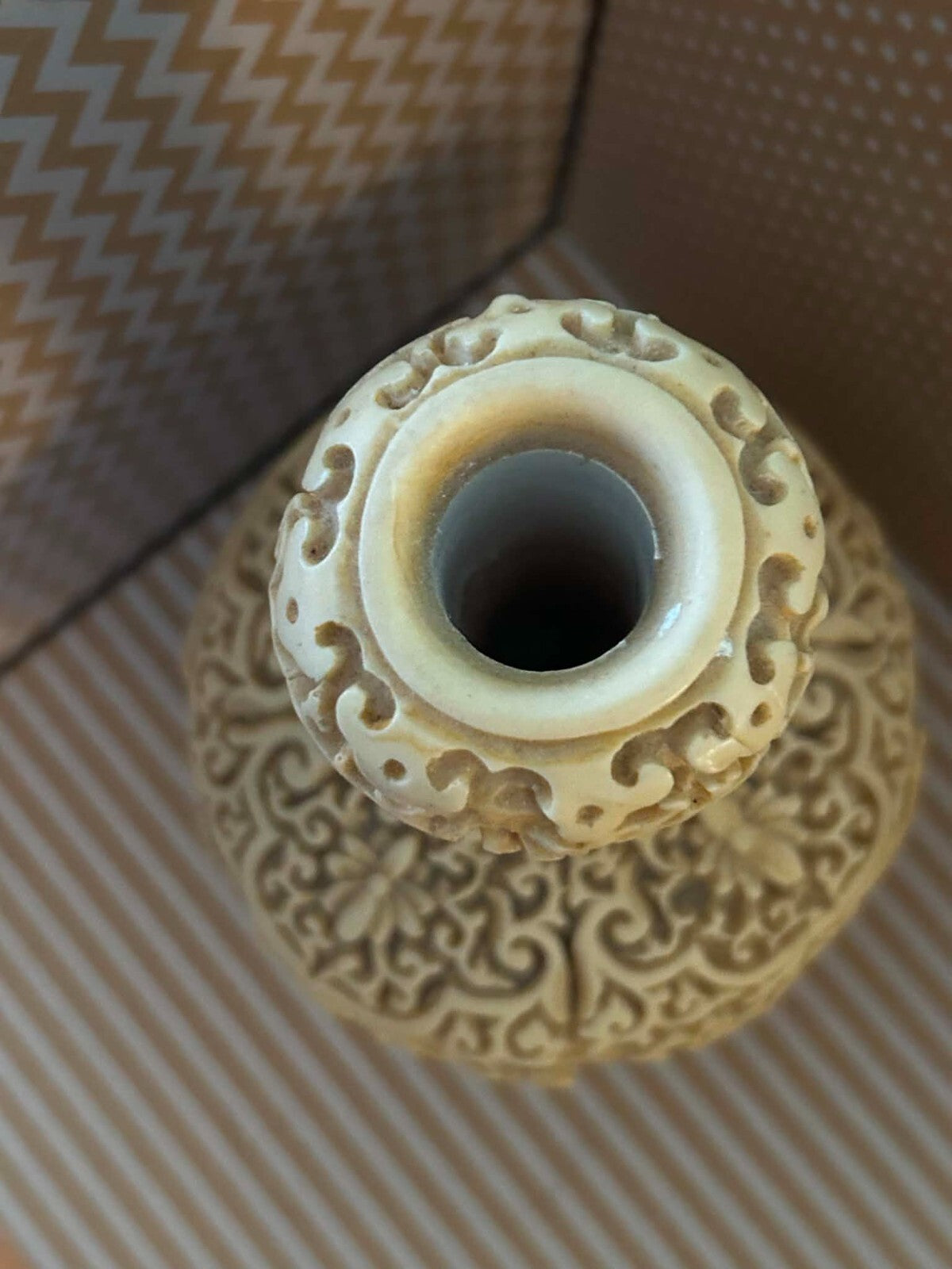 Vintage Italian Faux Ivory Resin Vase Carved Floral Asian Style Heavy 8 Inch