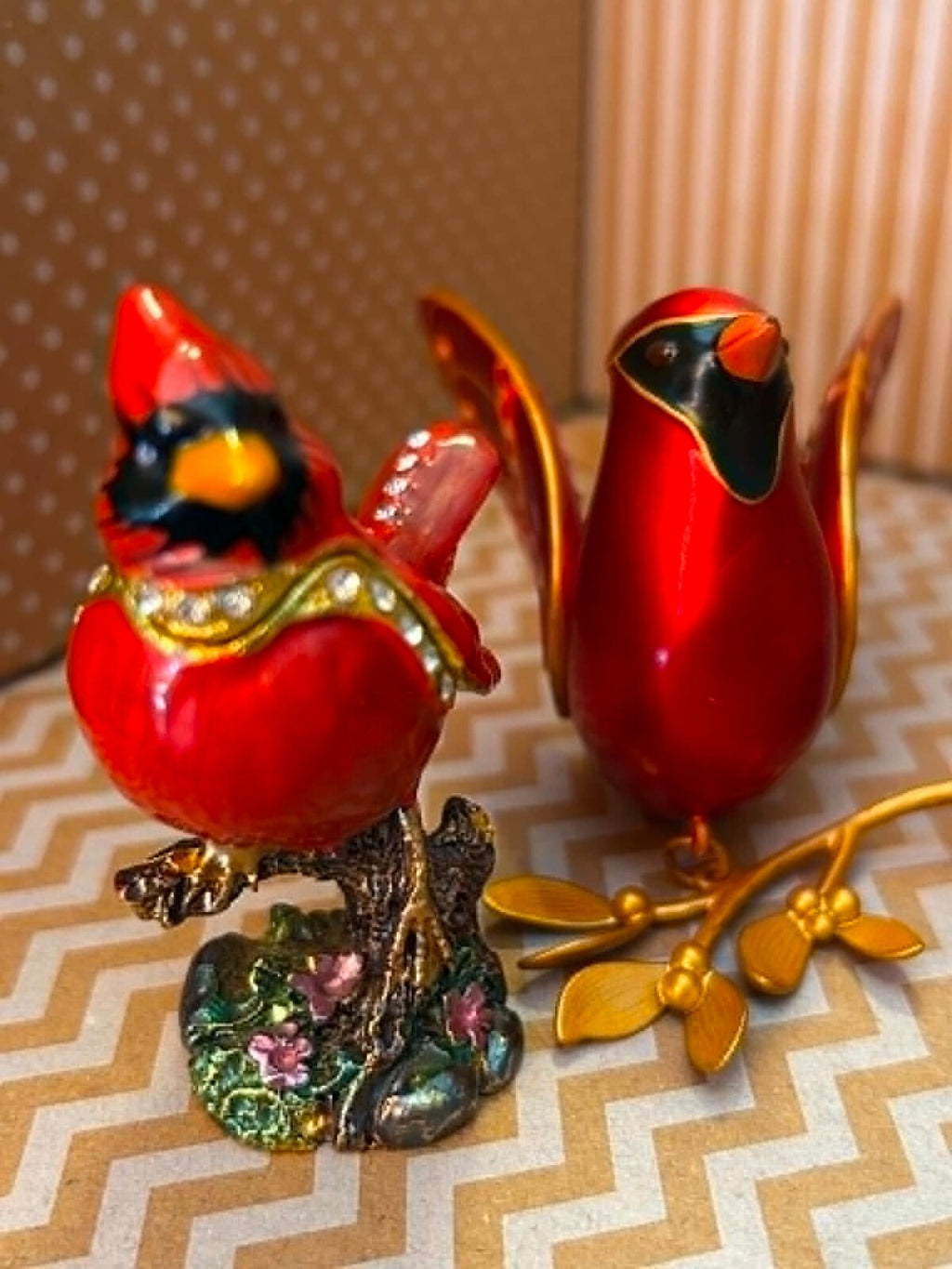 Cardinal Bird Decor Lot 2 Jeweled Trinket Boxes & Hallmark Hanging Cardinal