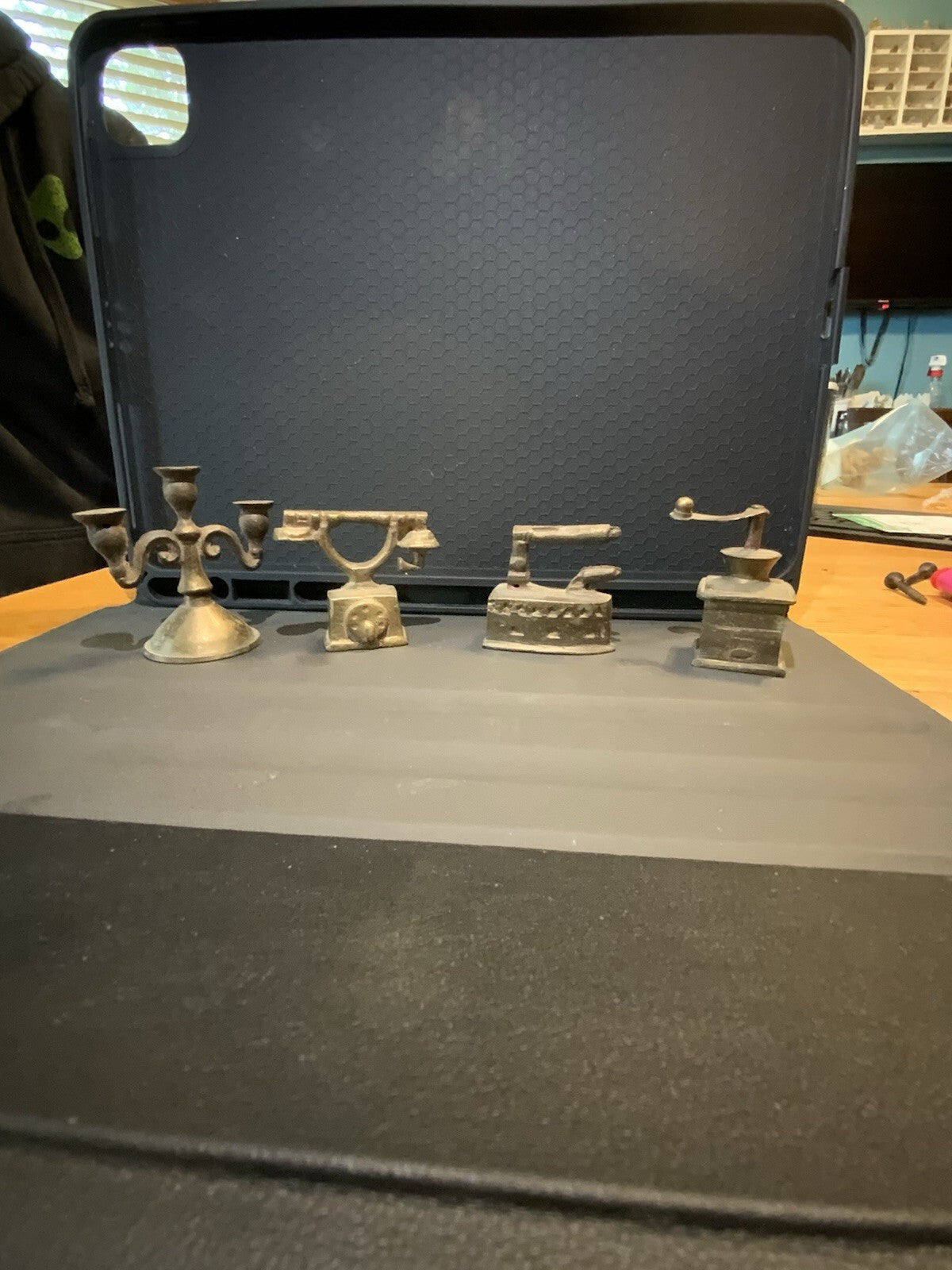 1:12 Metal Dollhouse Miniatures Lot of 4 | Candelabra, Iron, Phone & Coffee Grinder