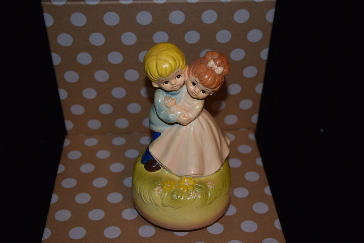 Vintage Boy Girl Dancing Working Music Box Ceramic Figurine Nursery Decor