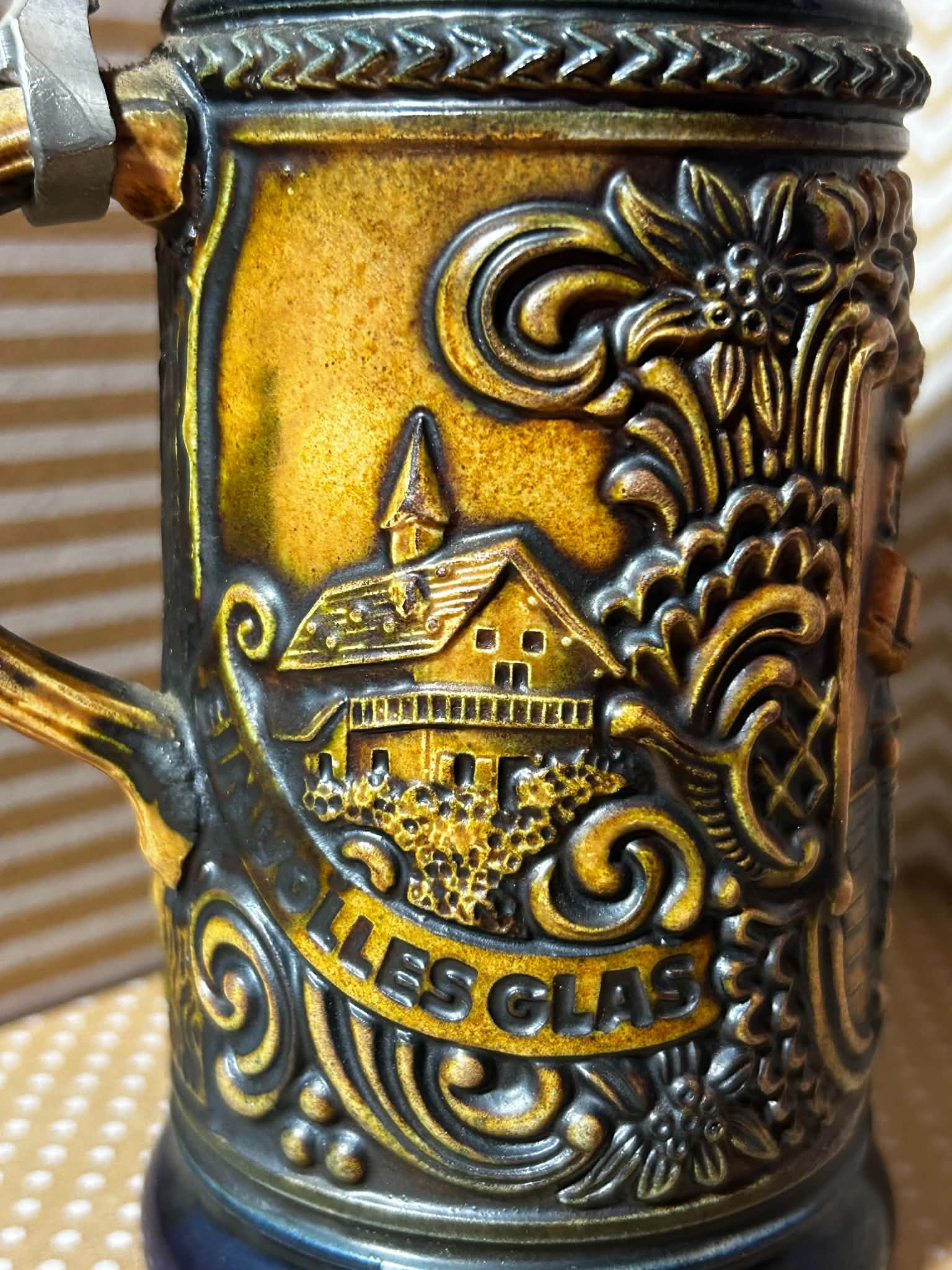 Vintage German DBGM 66 Beer Stein with Pewter Lid and Tavern Scenes