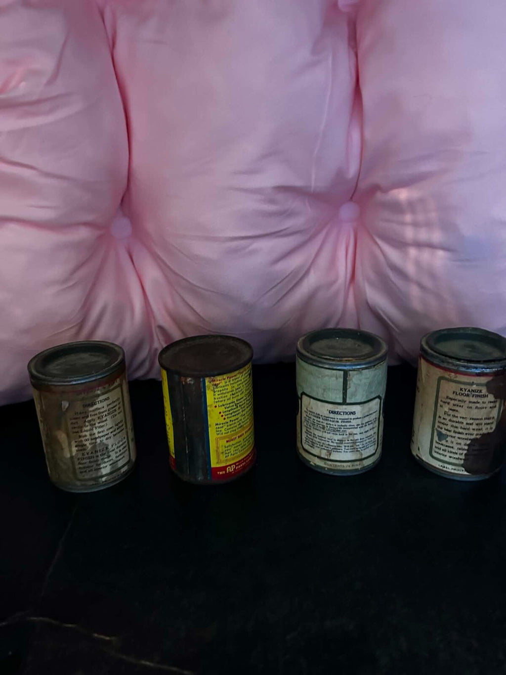 4 Vintage Kyanize & Miracle Power Advertising Oil Paint Tin Cans Gas Station
